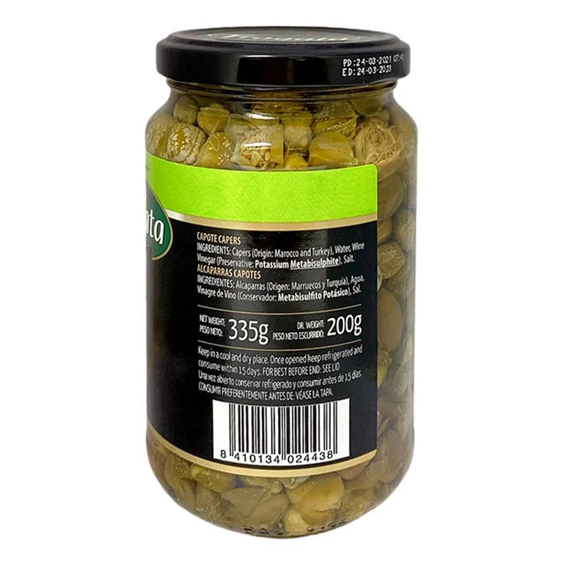 Canned Fragata capers in brine jar, 335g, with visible label, showing small green capers packed in brine liquid.