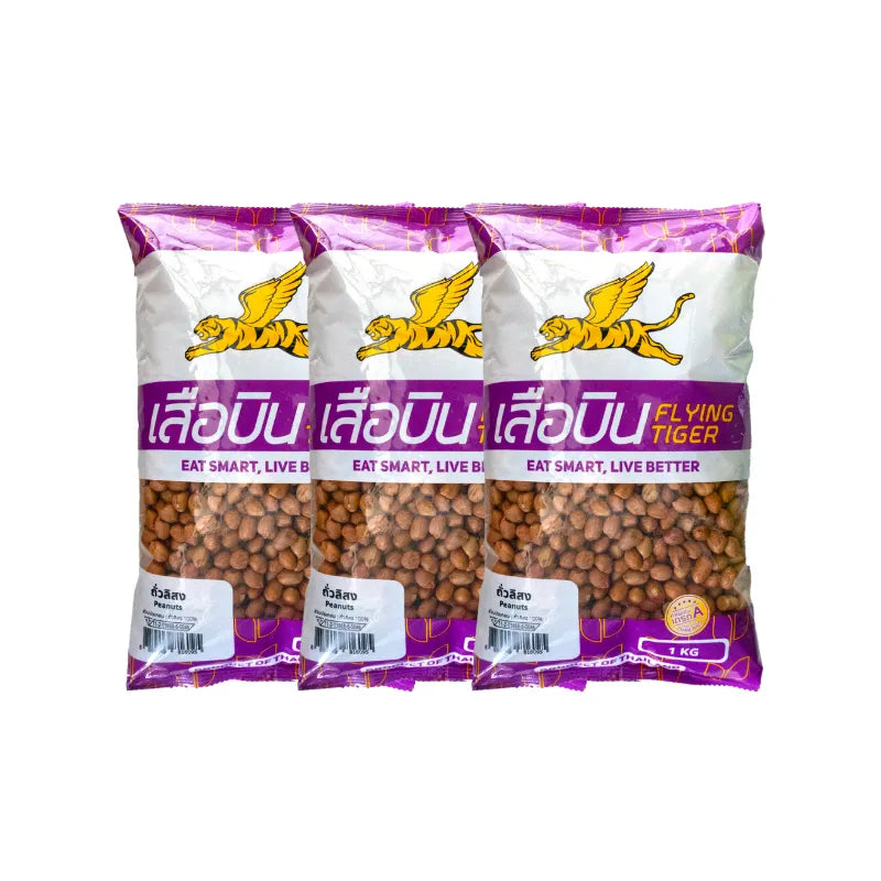 Flying Tiger Peanuts 3kg in a clear plastic bag, dry grocery snack, showing roasted peanuts ready for snacking or cooking.