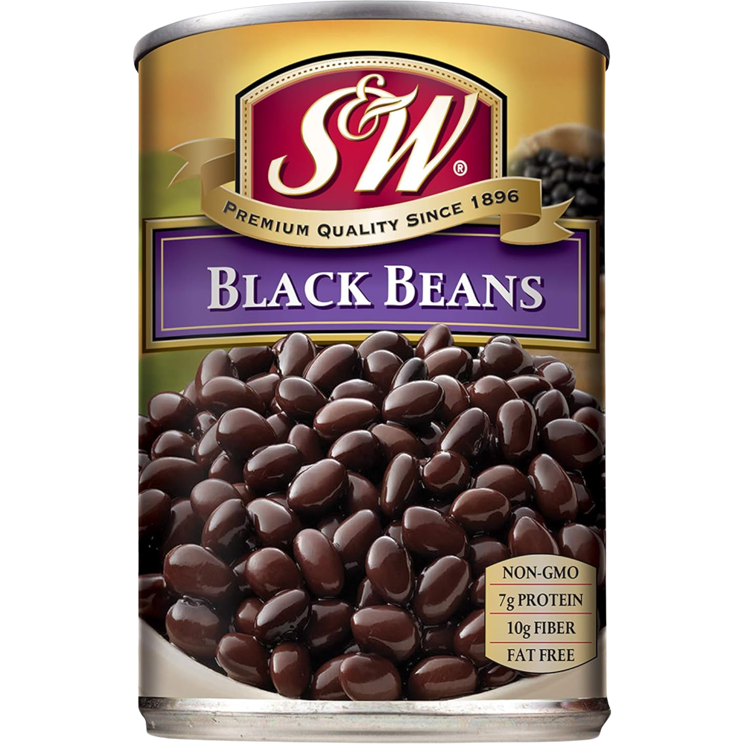 Canned S&W black beans in brine, ready for cooking or adding to recipes, with label showing product details and branding.