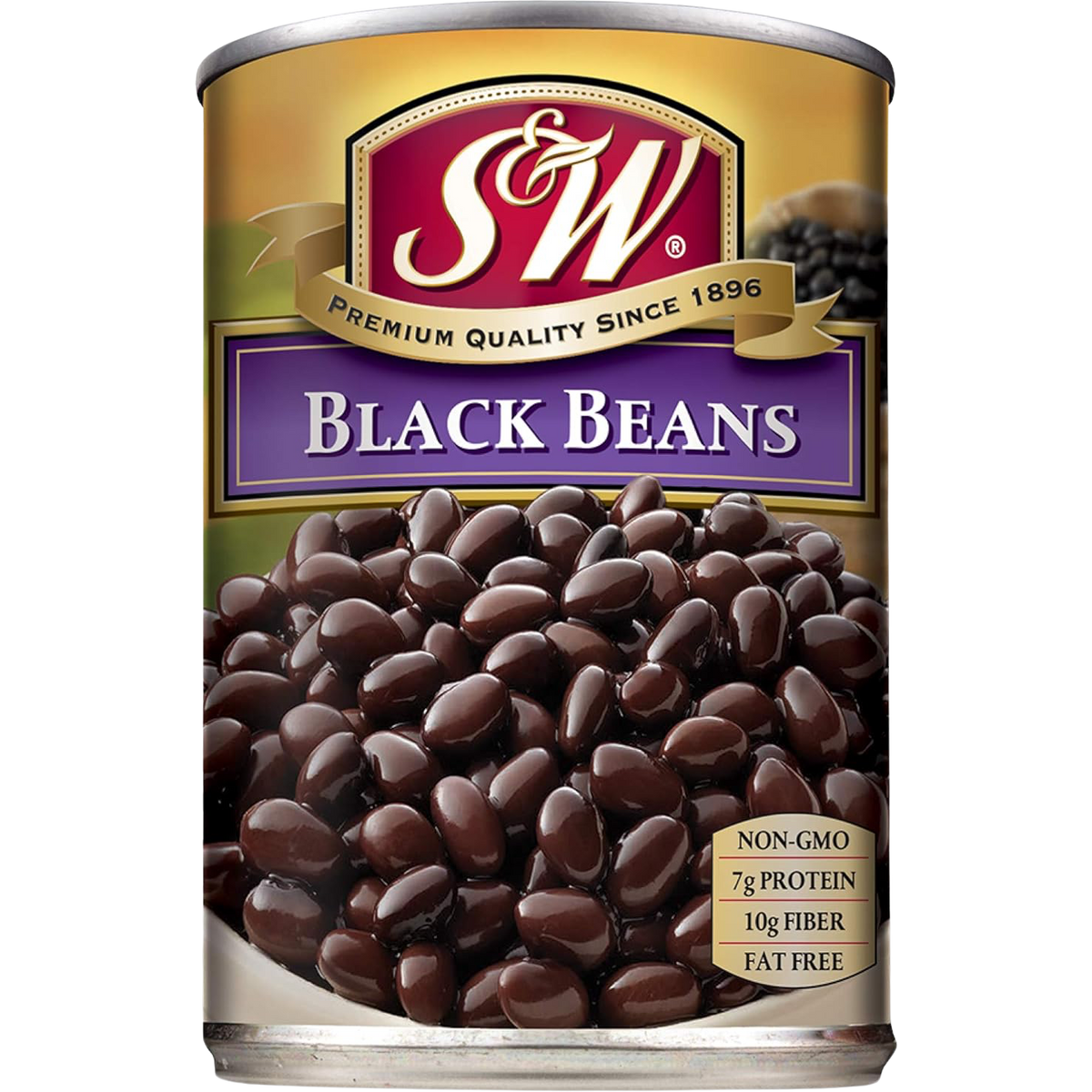 Canned S&W black beans in brine, ready for cooking or adding to recipes, with label showing product details and branding.