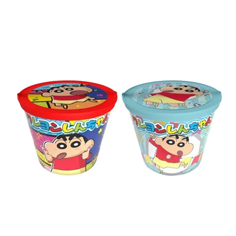Shinchan random snack bin with two 49.9g dry grocery confectionery containers, featuring colorful packaging and Shinchan branding.