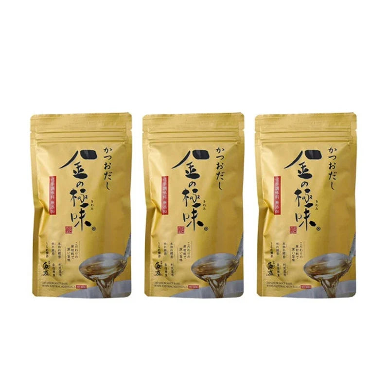 MOSHIO KIN NO Kiwami Bonito Dashi Stock tea-bag style with dried bonito flakes for flavorful Japanese cooking, dry grocery product.