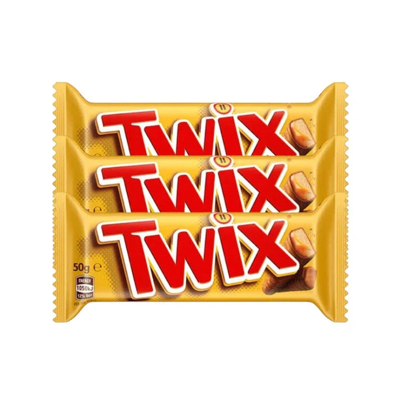Twix Double Stick 50g chocolate and caramel wafer snack from Twix, showing two chocolate-covered biscuit sticks side by side.