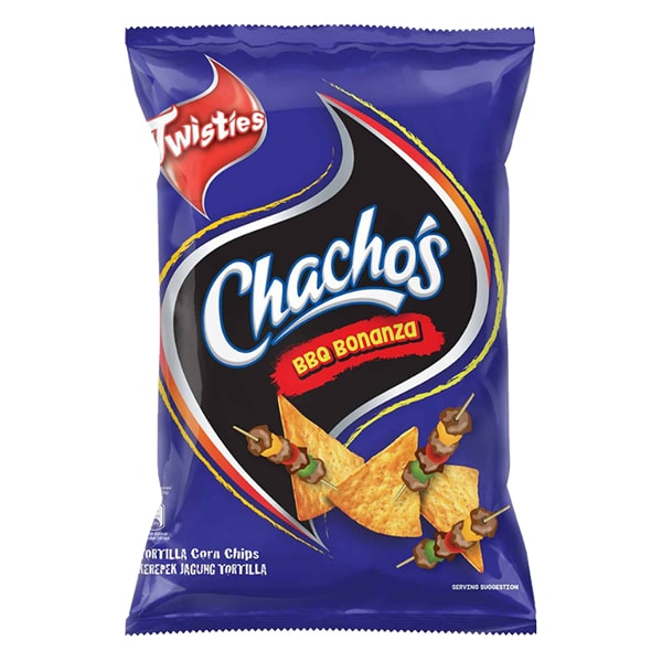 Chacho's BBQ Corn Chips, crunchy snack with BBQ flavor in a colorful bag, showcasing the product's vibrant packaging.
