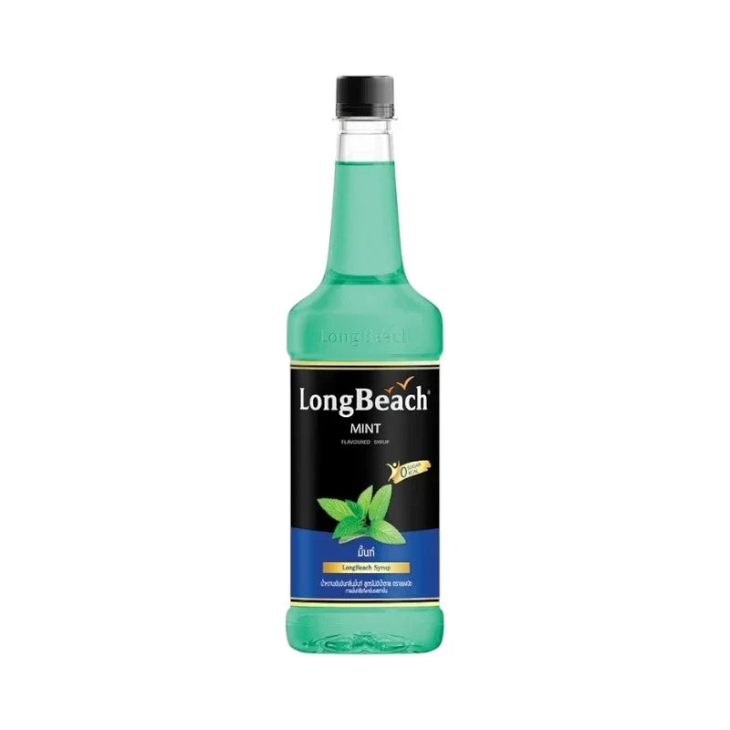 LongBeach Zero Calories Mint Syrup bottle in a dry grocery setting, showing the label and green mint flavor branding.