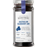 Beerenberg Blueberry Jam jar showing a close-up of the jam with fresh blueberries in the background.