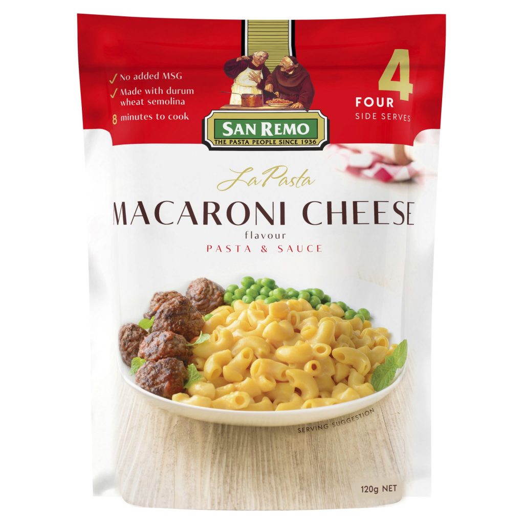 San Remo La Pasta Macaroni Cheese box showing the packaging with macaroni and cheese product label.