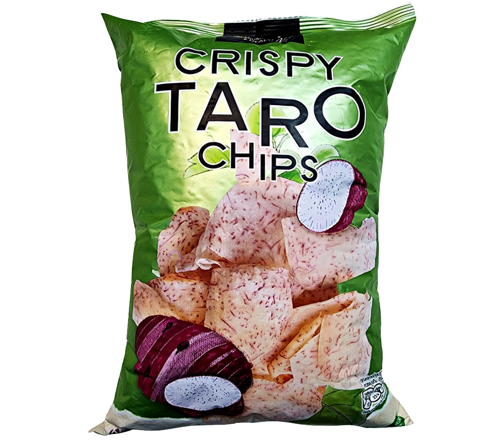 Anna Crispy Taro Chips, golden and crunchy taro snack in a clear bag, showing the textured, crispy chips inside.