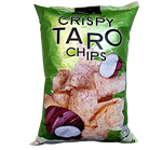 Anna Crispy Taro Chips, golden and crunchy taro snack in a clear bag, showing the textured, crispy chips inside.