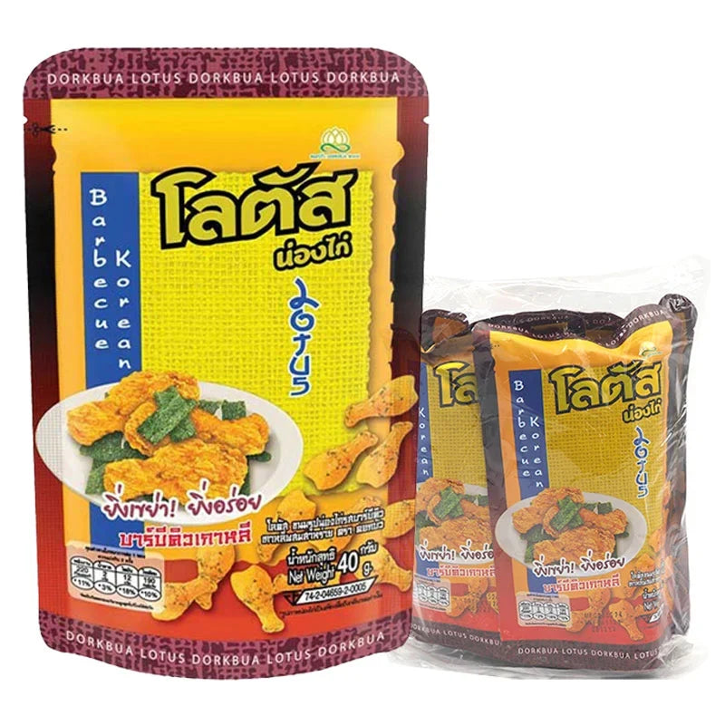 Lotus Chicken Stick BBQ Korean flavor snack, 40g x4, dry grocery snack pack with crispy chicken sticks in savory seasoning.