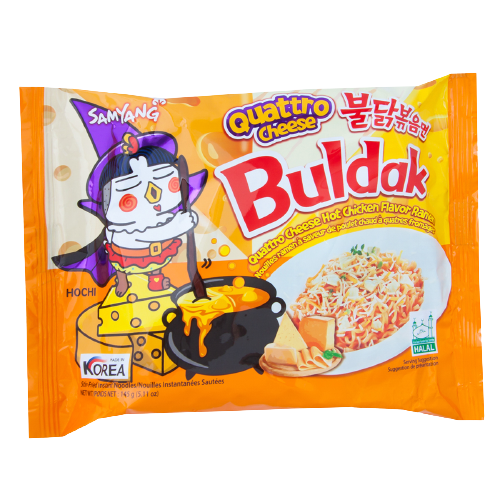 Samyang Quattro Cheese Ramen grocery product package with cheese-flavored instant ramen noodles and branding.
