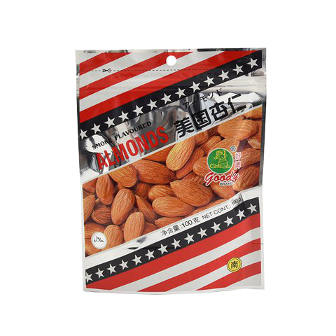 Goody Almonds confectionery snacks in a clear bowl, showing roasted almonds with a light golden-brown coating and crunchy texture.