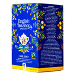 English Tea Shop organic Earl Grey tea bags, showcasing the packaging with tea bags inside, ideal for brewing a fragrant black tea.