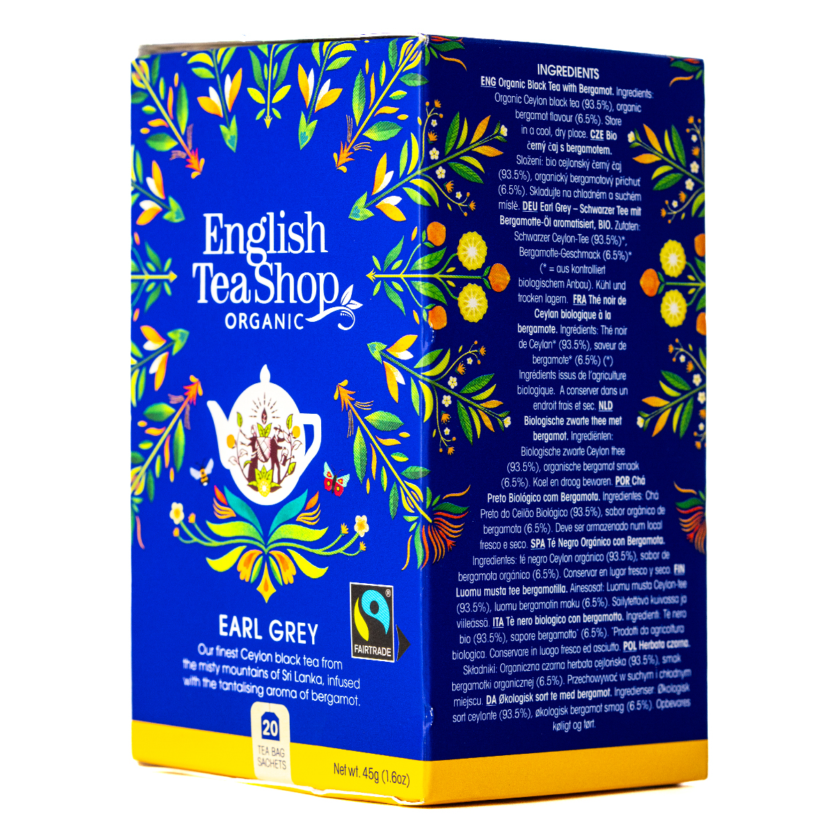 English Tea Shop organic Earl Grey tea bags, showcasing the packaging with tea bags inside, ideal for brewing a fragrant black tea.