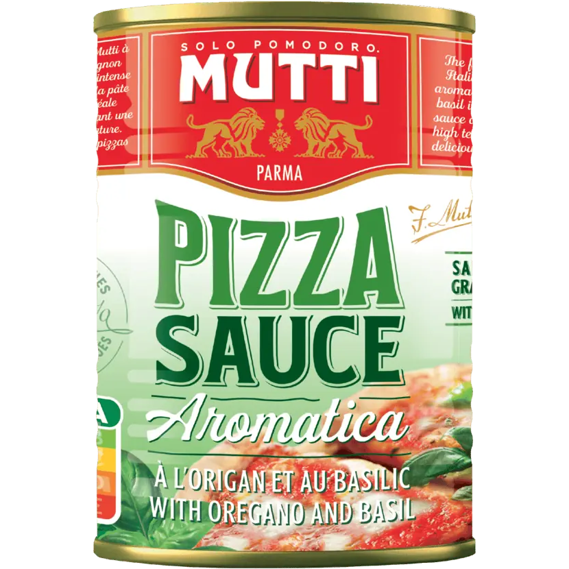 Jar of Mutti Pizza Sauce with fresh basil and tomatoes, ready for spreading on pizza crusts.