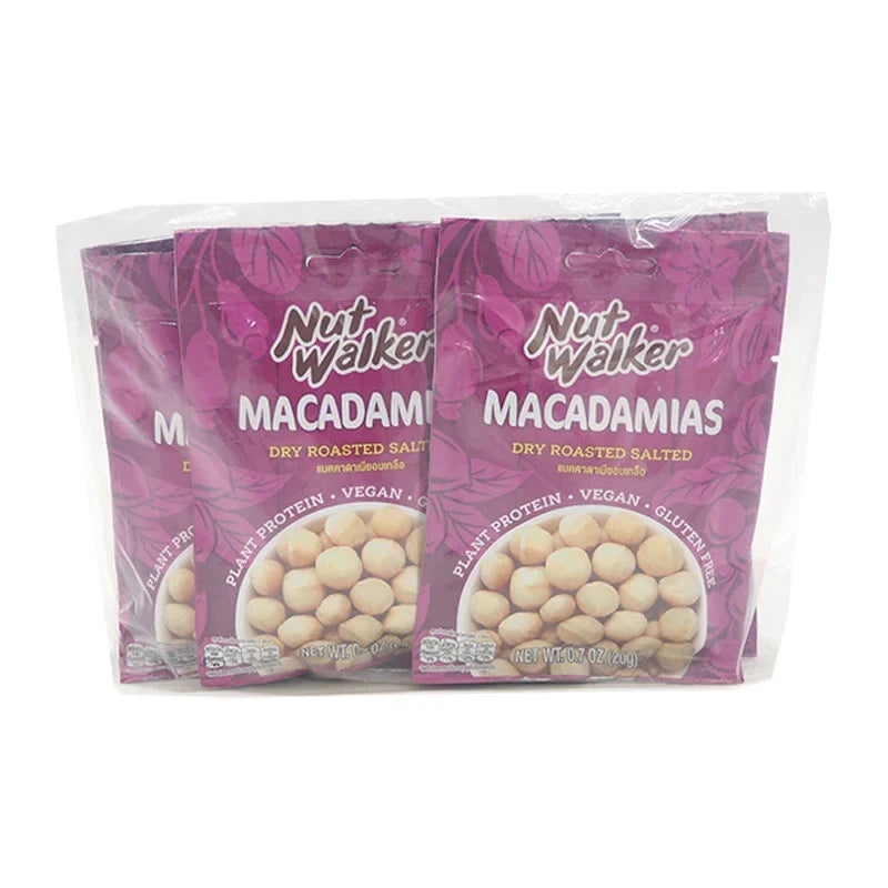 NUT WALKER dry roasted salted macadamias in 20g packs, snack product from dry grocery and confectionery category.