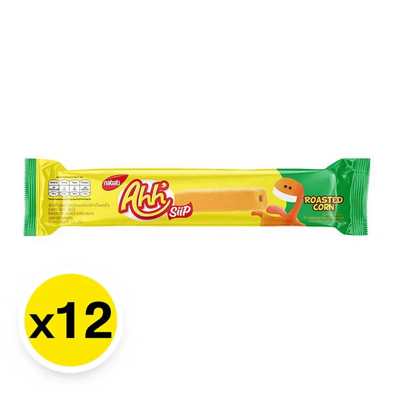 AHH Siip Roast Corn snack pack, 14g x 12, dry grocery snack with roasted corn flavor, in colorful packaging.