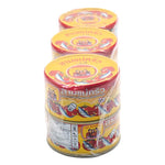 Three Lady Cooks mackerel in tomato sauce, 190g cans, stacked in a package, ready for cooking or serving in dry grocery section.