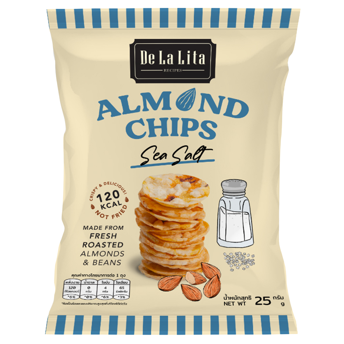 De La Lita Almond Chips Sea Salt, confectionery snack with toasted almonds and sea salt, in a clear package.