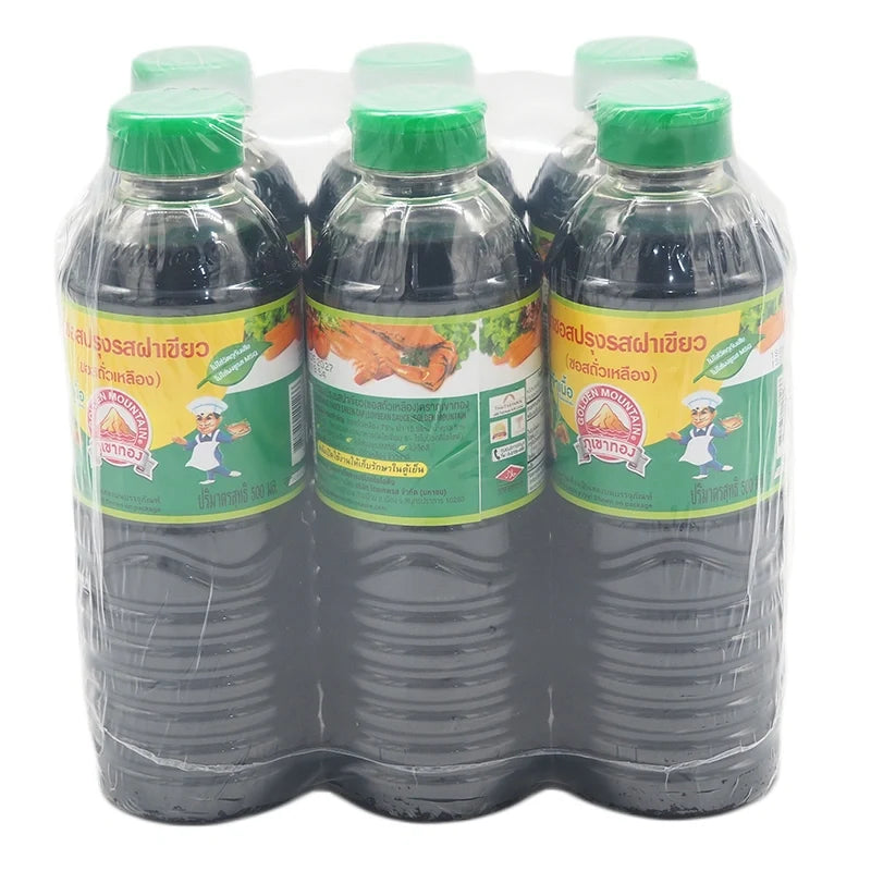 Golden Mountain seasoning sauce with green cap, 500ml bottle, shown in a set of six for versatile Asian cooking and dry grocery use.