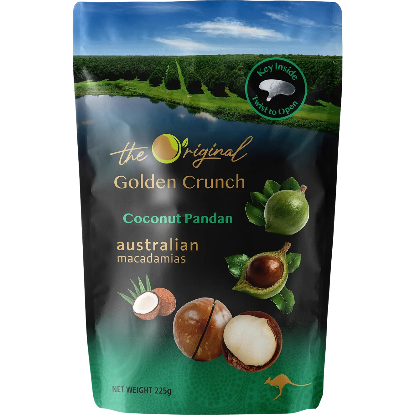 Golden crunch macadamias coated with coconut and pandan flavor, a delicious confectionery snack by The Original.