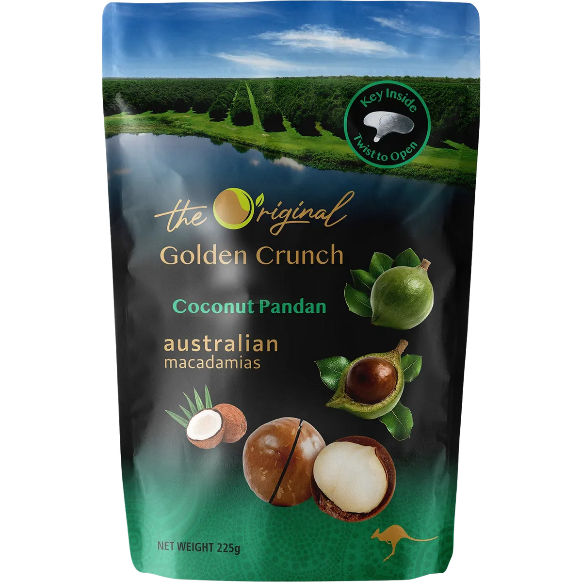 Golden crunch macadamias coated with coconut and pandan flavor, a delicious confectionery snack by The Original.