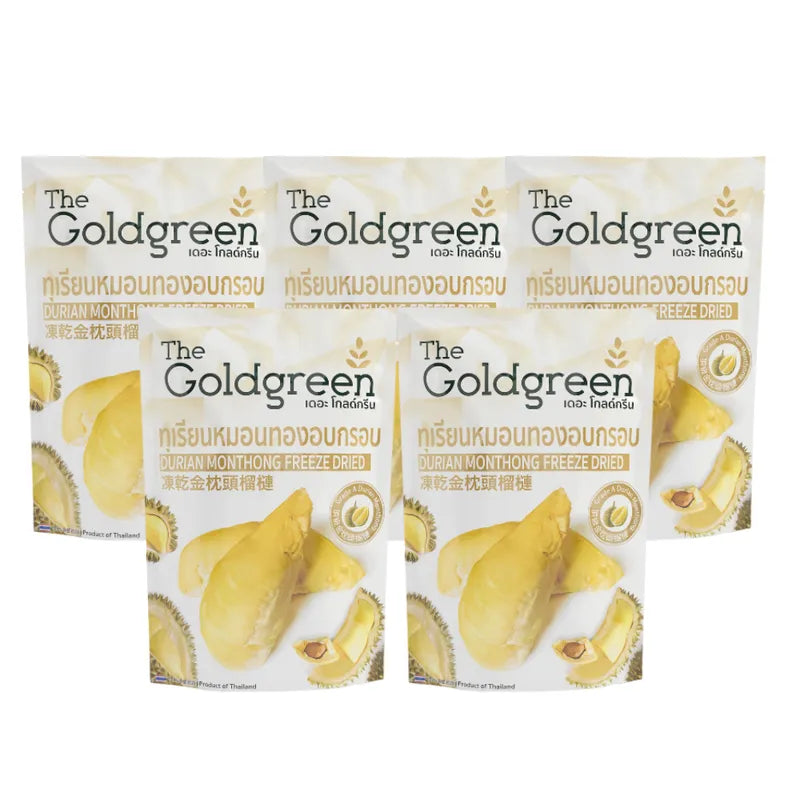 Crispy Monthong durian freeze-dried snack by THE GOLDGREEN in 78g package, showing golden dried durian pieces on a white background.