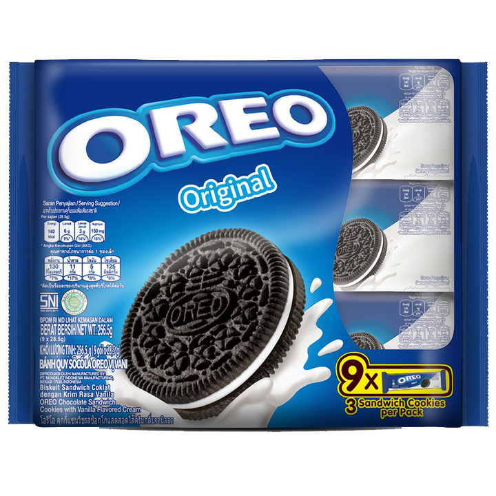Oreo Vanilla Sandwich Cookies, confectionery snacks with vanilla cream filling between chocolate cookies, shown in the image.