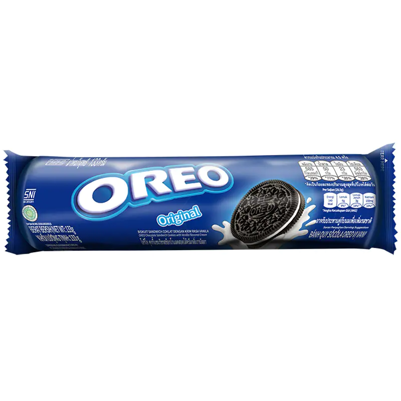 Oreo biscuits, chocolate sandwich cookies with cream filling, shown as a package of Oreo confectionery snacks.