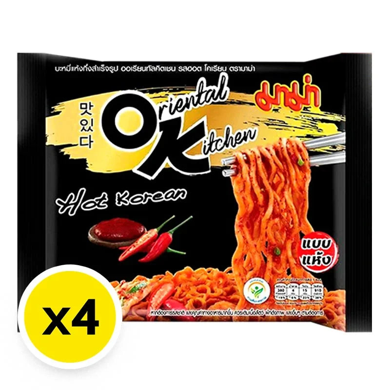 Mama Oriental Kitchen Instant Noodles Hot Korean, 85g pack, showing steaming bowl of spicy noodles with noodles and seasoning packets.