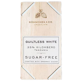 Bohnchen & Co Sugar Free Guiltless White Chocolate, 35% healthy white chocolate bar with smooth texture and creamy appearance.