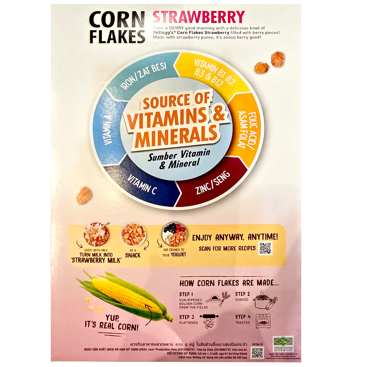 Kelloggs Strawberry Cornflakes in a cereal box with images of strawberries and cornflakes on the front.