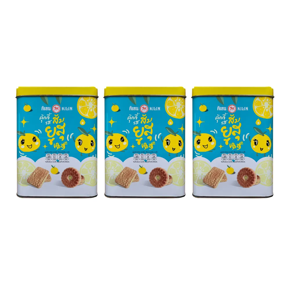 Kilin Yuzu Orange Cream Biscuits in a decorative tin, 400g pack, perfect for snacks and confectionery.