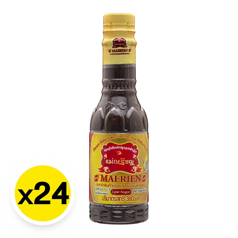 Maerien Fermented Fish Sauce PM 1 in 380ml bottles, shown in a pack of 24, for Asian cooking and flavoring dishes.