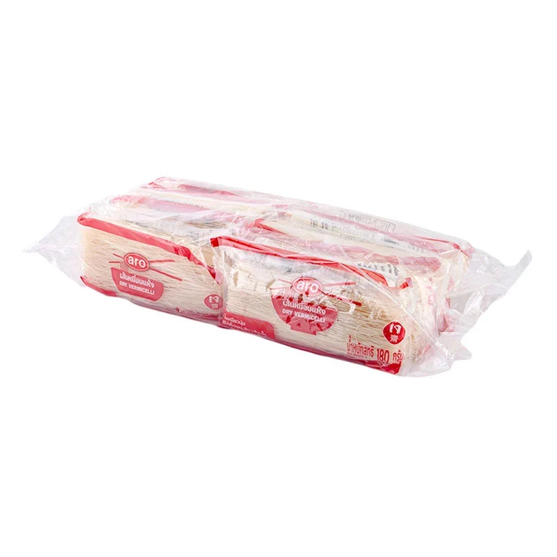 Arow Dry Vermicelli 180g pack, shown in clear packaging, part of a 12-pack of dry grocery noodles from the ARO brand.