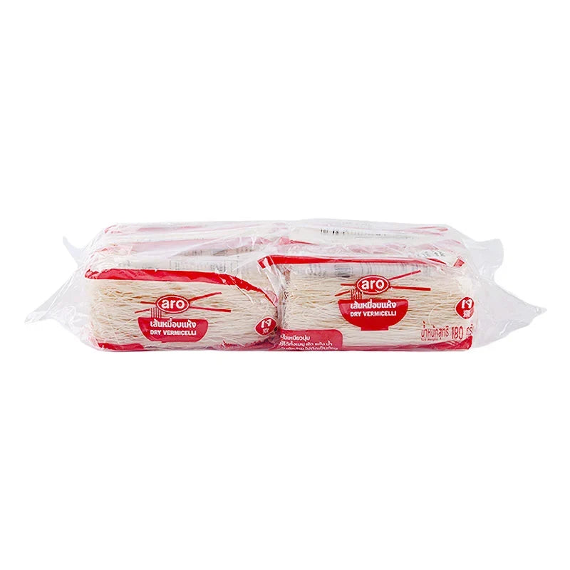 A package of ARO DRY Vermicelli 180g, stacked in a box, for use in Asian cuisine cooking and recipes.