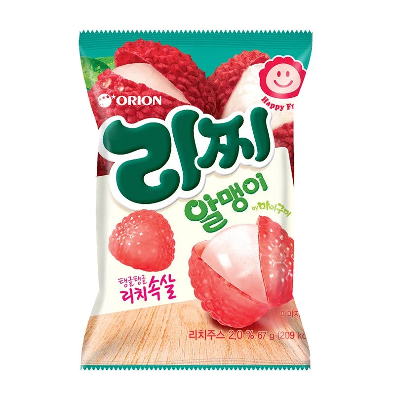 Orion Lychee Ball Jelly 67g dry grocery product, showcasing bright lychee-flavored jelly balls in a clear container.