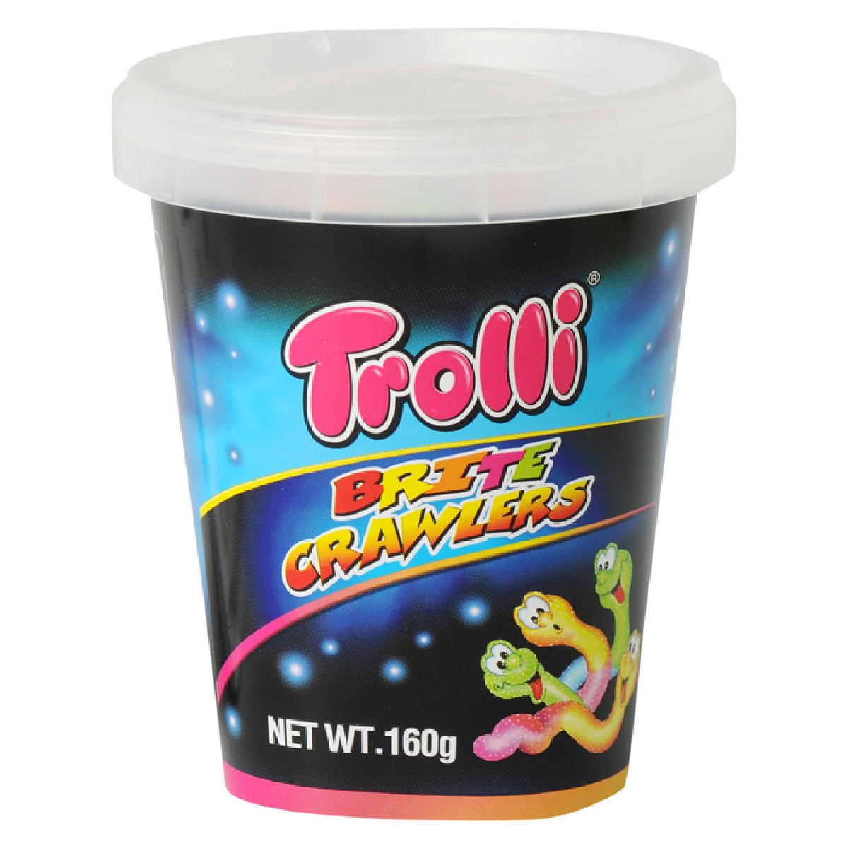 Colorful Trolli Brite Crawlers confectionery snacks with gummy worm shapes and vibrant hues on a white background.
