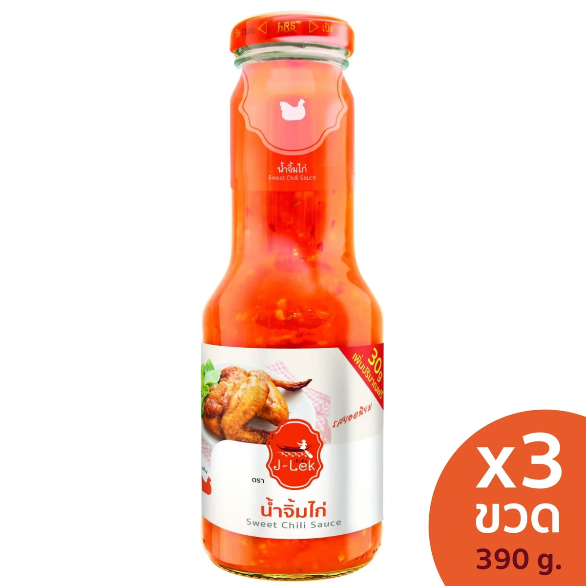 J-LEK Jae Lek Chicken Sauce in a 390g glass bottle, dry grocery product, with label and cap visible.