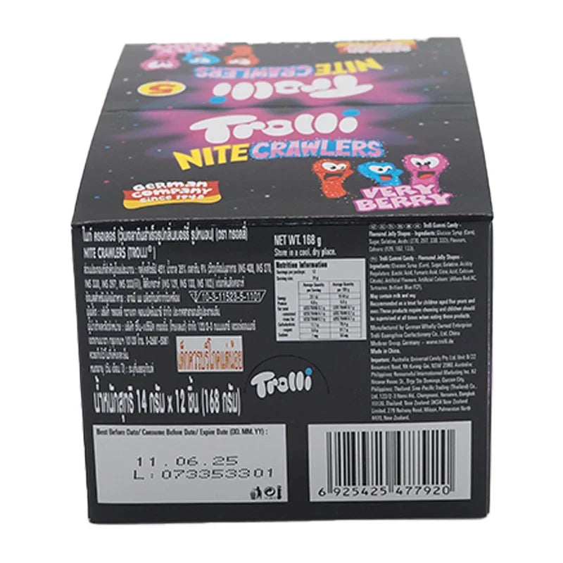 TROLLI Gummy Nitecrawlers in 14g package, colorful chewy gummy worms from Trolli snack and confectionery product.