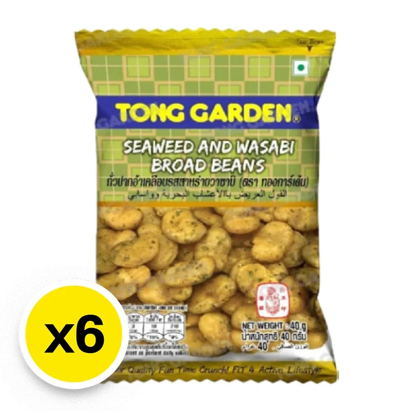 Tong Garden Wasabi Broad Beans snack, 40g x6 packs, dry grocery, crunchy wasabi-flavored broad beans in a colorful package.