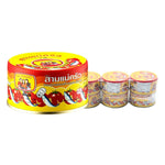 Three Lady Cooks mackerel in tomato sauce cans, 190g each, arranged in a display, part of dry grocery seafood products.