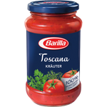 Jar of Barilla Toscana Pasta Sauce with tomato and herb ingredients, ideal for pasta dishes.