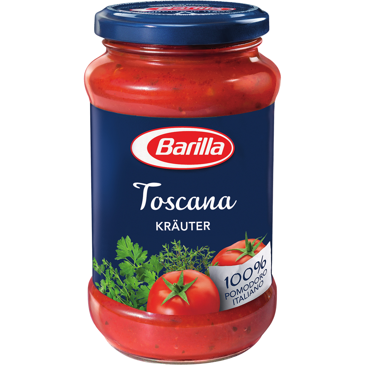 Jar of Barilla Toscana Pasta Sauce with tomato and herb ingredients, ideal for pasta dishes.