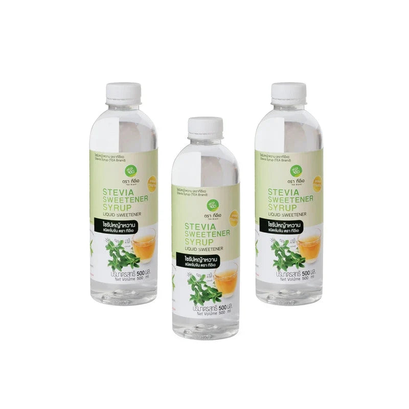 Three TEA Stevia Sweetener bottles, dry grocery product, showcasing clear plastic bottles with green and white labels.