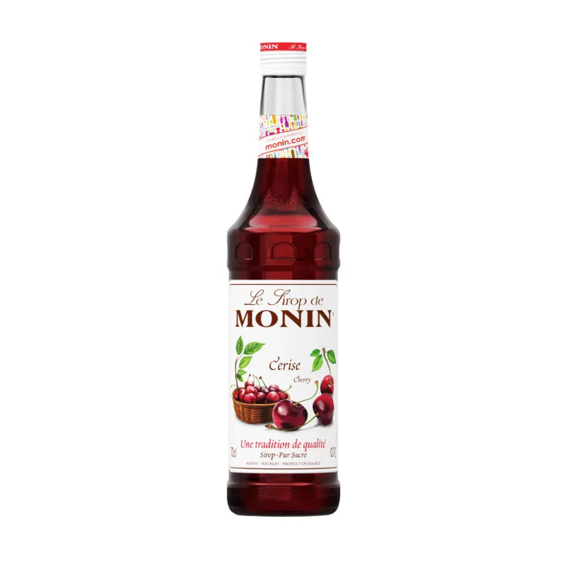 Bottle of MONIN Cherry Syrup 700ml for dry grocery, featuring clear label and dark red cherry flavor liquid inside.