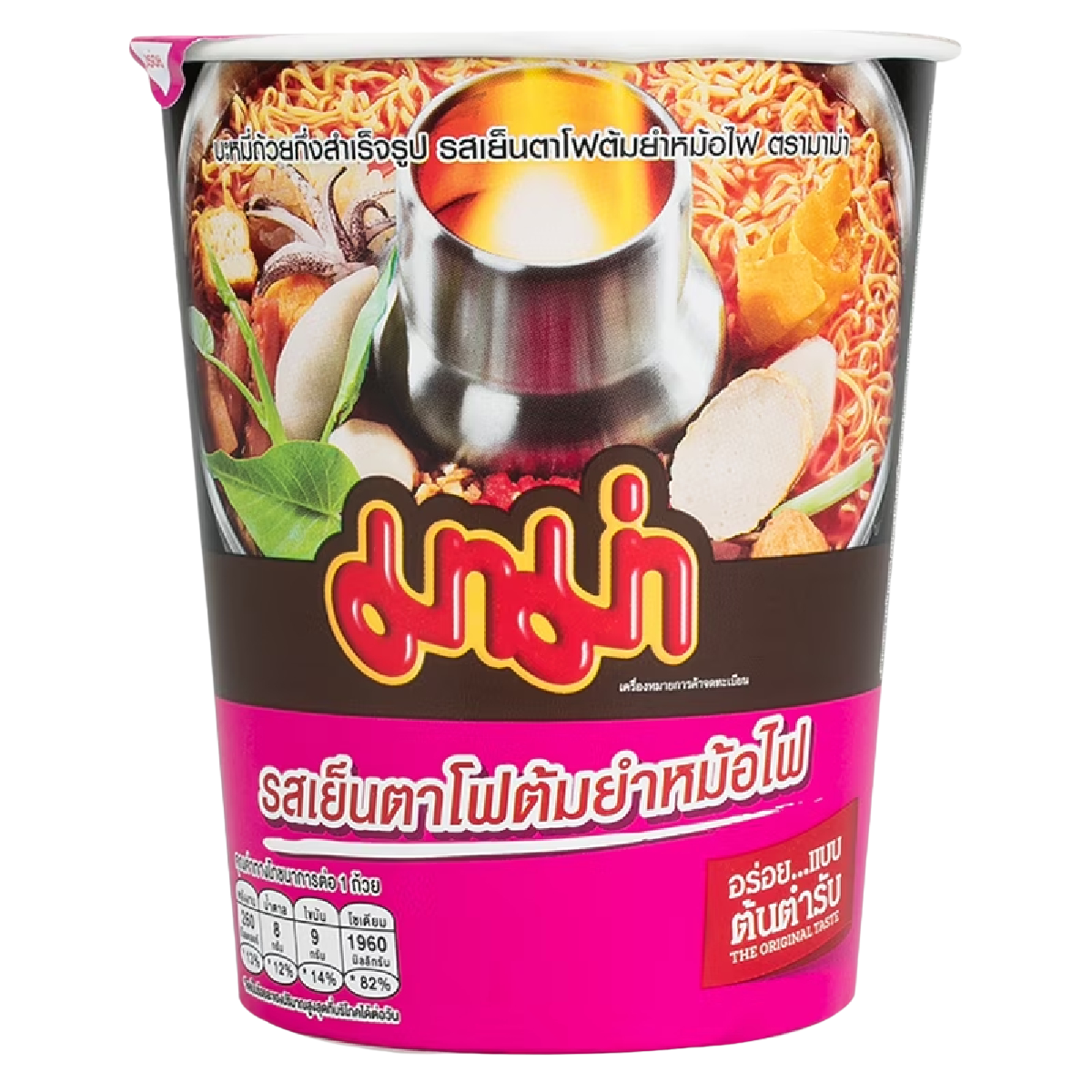 Mama Yentafo Tomyum Cup, instant noodle soup in a convenient grocery cup with spicy tomyum flavor and seafood ingredients.