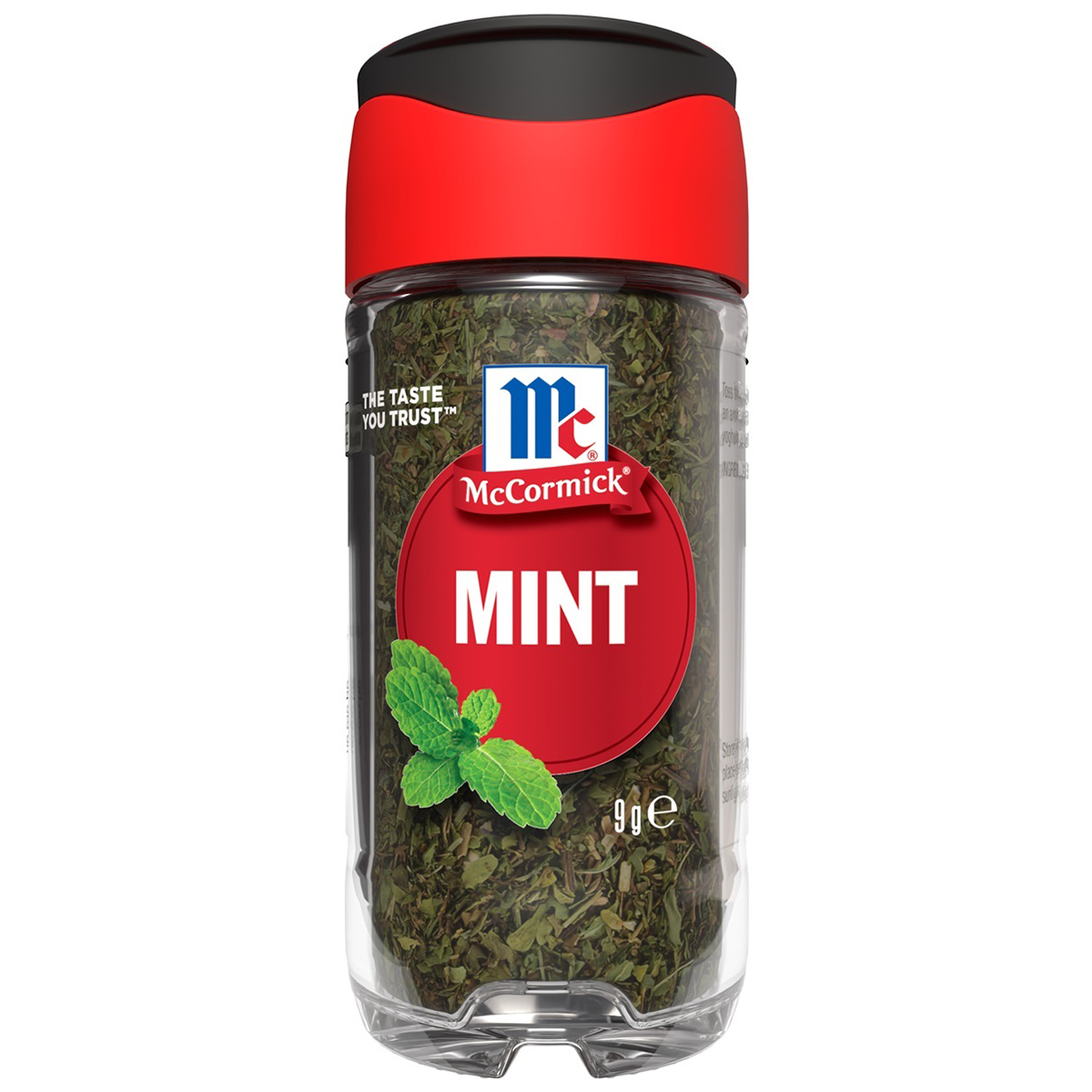 Dried McCormick Mint Flakes in a clear container, showing bright green, flaky mint leaves for culinary and garnish use.