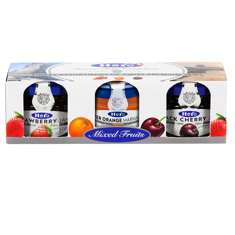 Assorted Hero mixed fruit flavors jam pack with colorful jars of fruit preserves for breakfast or snacks.