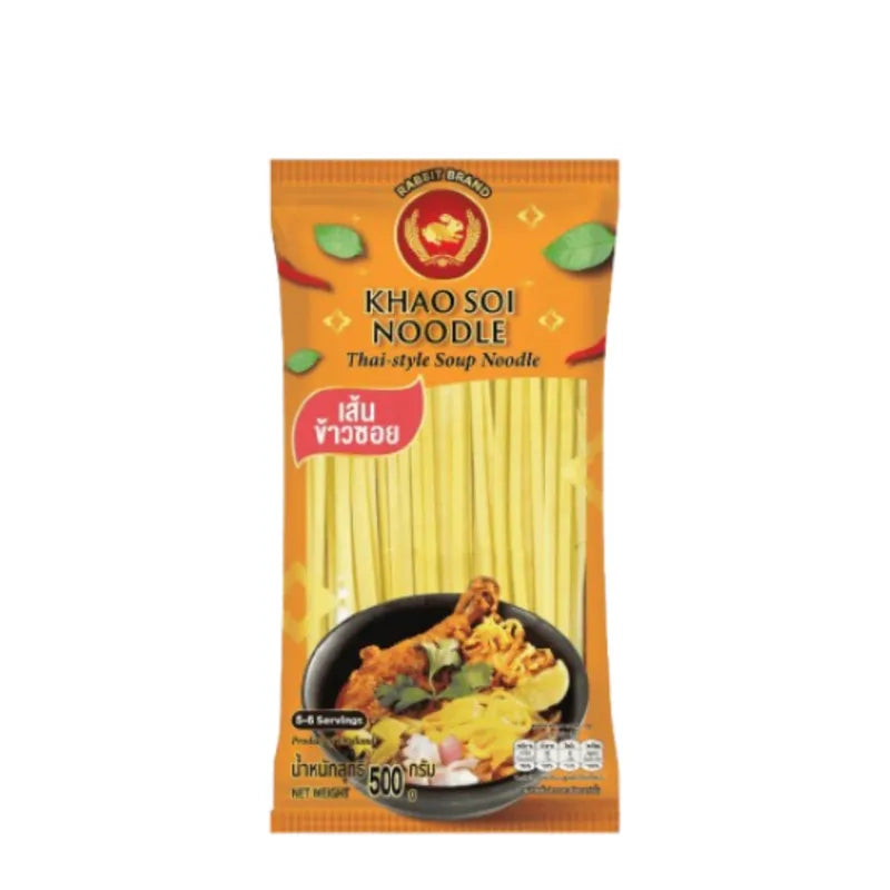 Dry grocery image of Rabbit Brand Khao SOI noodles 500g, showcasing the packaged Thai rice noodle product.